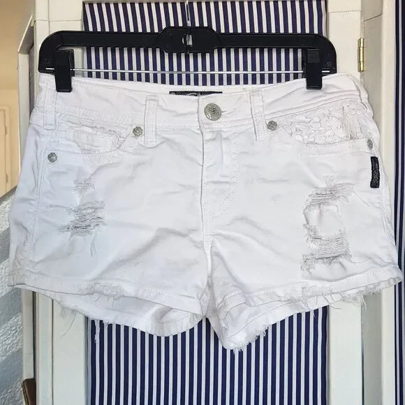 Vintage White Lace Print Distressed Aiko Low Rise Denim Shorts - Size 28 - Picture 1 of 9